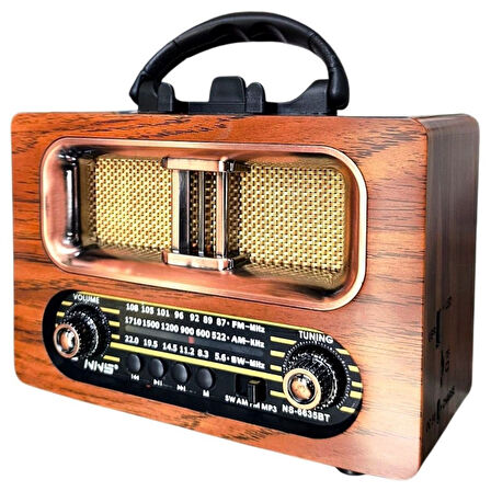 Büyük Boy Retro, Nostaljik, Ahşap Tasarım Bluetooth Hoparlörlü, Şarjlı, Taşınabilir FM/AM Destekli Radyo NS-6635 (5060)