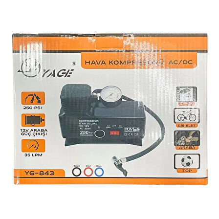 220 Volt-12 Volt 250 Psi Kompresör Lastik Hava Şişirme Oto Pompası Fişli Ve Çakmaklı Yage-843 (5060)