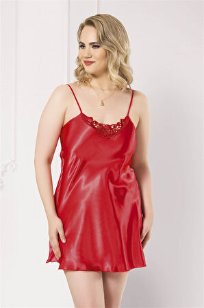 Arias Closet Büyük Beden Kırmızı Kısa Saten Gecelik OZN-12397