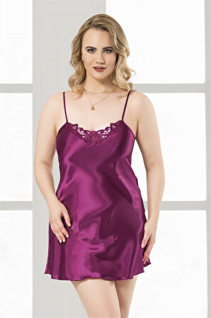Arias Closet Büyük Beden Mor Kısa Saten Gecelik OZN-12399