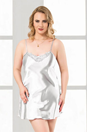 Arias Closet Büyük Beden Beyaz Kısa Saten Gecelik OZN-12400
