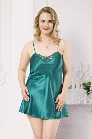 Arias Closet Büyük Beden Zümrüt Kısa Saten Gecelik OZN-12406