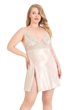 Arias Closet Büyük Beden Fildişi Kısa Saten Gecelik OZN-13973