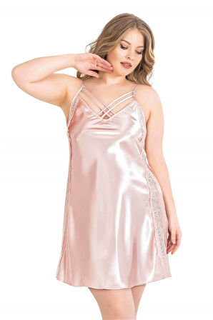 Arias Closet Büyük Beden Pudra Kısa Saten Gecelik OZN-13975