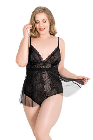 Arias Closet Büyük Beden Siyah Bodysuit Jakarlı Gecelik OZN-14011