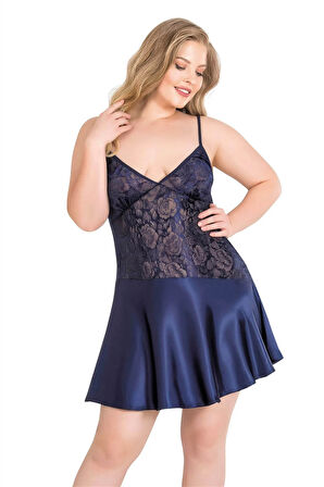 Arias Closet Büyük Beden Lacivert Kısa Saten Gecelik OZN-14024