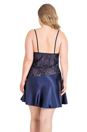 Arias Closet Büyük Beden Lacivert Kısa Saten Gecelik OZN-14024