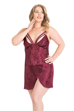 Arias Closet Büyük Beden Bordo Kısa Jakarlı Gecelik OZN-14025