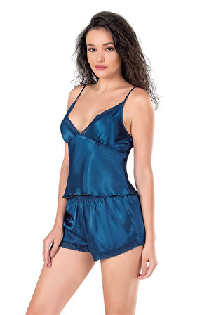 Arias Closet Petrol Mavi Saten Babydoll Şort Takımı OZN-14066