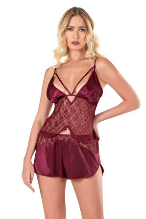 Arias Closet Bordo Saten Babydoll Şort Takımı OZN-14079