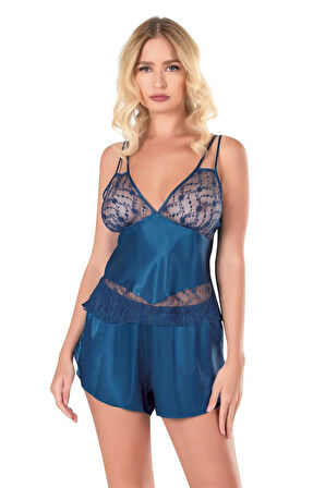 Arias Closet Petrol Mavisi Saten Babydoll Şort Takımı OZN-14096