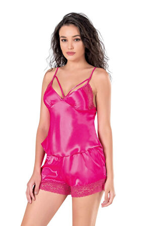 Arias Closet Fuşya Saten Babydoll Şort Takımı OZN-14118