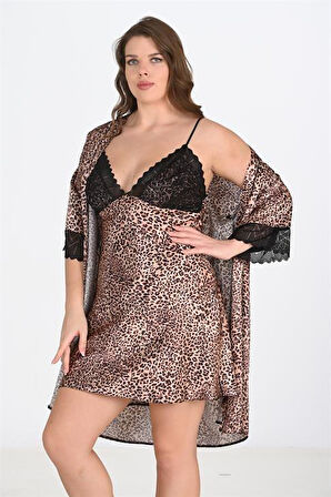 Arias Closet Büyük Beden 2li Leopar Sabahlık Takımı Bigsize 6203 OZN-22615