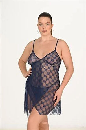 Arias Closet Büyük Beden Lacivert Gecelik 3046 OZN-22677