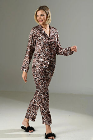 Arias Closet Leopar Desen Yumuşak Dokulu Saten Gecelik Takımı  OZN-22943