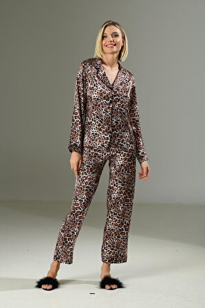 Arias Closet Leopar Desen Yumuşak Dokulu Saten Gecelik Takımı  OZN-22943