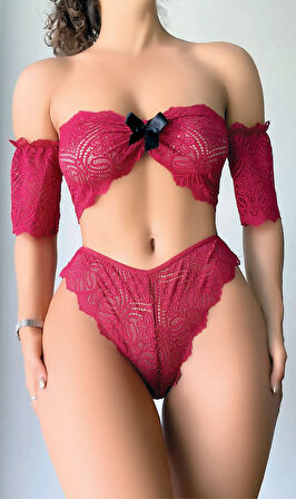 Aria's Closet Fiyonk Detaylı Kırmızı Dantel Sütyen Külot Takım