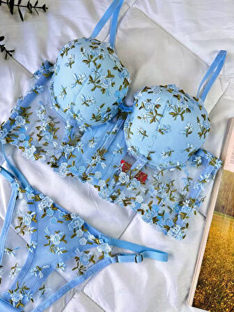 Aria's Closet Özel Tasarım Mavi Dantel İşlemeli Çiçek Desenli Destekli Bralet Takımı