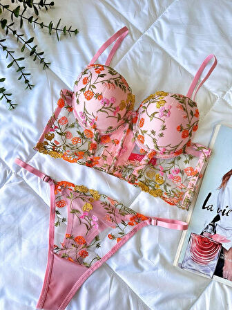 Aria's Closet Özel Tasarım Pembe Dantel İşlemeli Çiçek Desenli Destekli Bralet Takımı