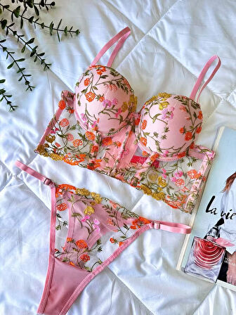 Aria's Closet Özel Tasarım Pembe Dantel İşlemeli Çiçek Desenli Destekli Bralet Takımı