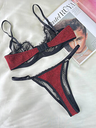 Aria's Closet Özel Tasarım Dantel İşlemeli  Bordo Desteksiz Bralet Takımı