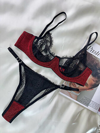 Aria's Closet Özel Tasarım Dantel İşlemeli  Bordo Desteksiz Bralet Takımı