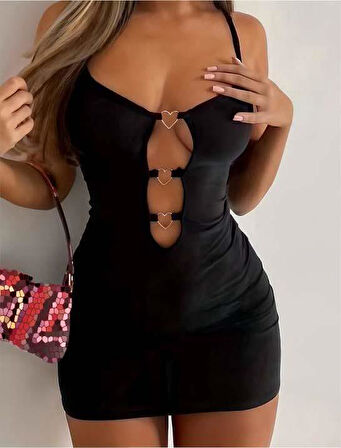Aria's Closet Siyah Göğüs Dekolteli Kalp Detaylı Mini Club Elbisesi