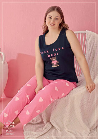 Aria's Closet Büyük Beden Pink Love Bear Kalp ve Ayıcık Desenli Pembe Kısa Kol Pijama Takımı
