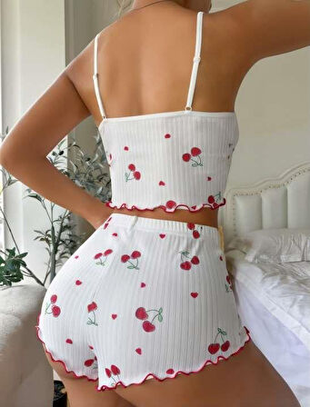 Aria's Closet Beyaz Kiraz Desenli Askılı Şortlu Pijama Takımı