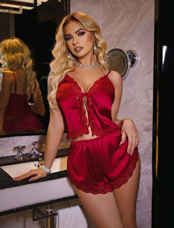 Arias Closet Bordo Dantel İşlemeli İnce Askılı Önden Bağlamalı Saten Şortlu Takım