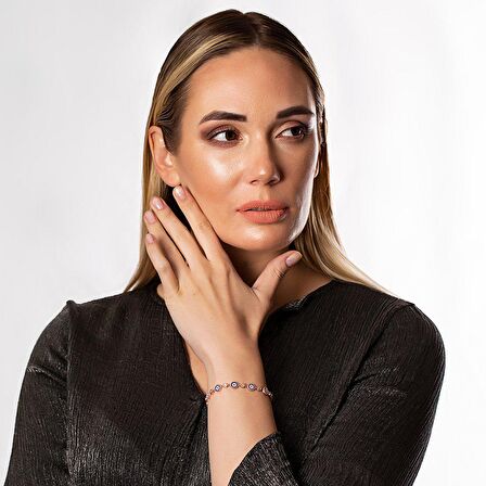 Mavi-Beyaz Zirkon Taşlı Çiçek Tasarım Tam Tur Rose 925 Ayar Gümüş Kadın Bileklik