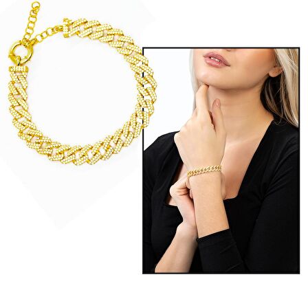 Beyaz Zirkon Taşlı Gold Renk 925 Ayar Gümüş Gurmet Kadın Bileklik