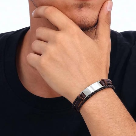 Minimal Tasarım Kahverengi Deri & Gümüş Renk Plaka Kişiye Özel İsim/Harf Yazılı Erkek Bileklik
