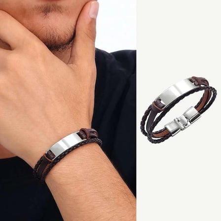 Minimal Tasarım Kahverengi Deri & Gümüş Renk Plaka Kişiye Özel İsim/Harf Yazılı Erkek Bileklik