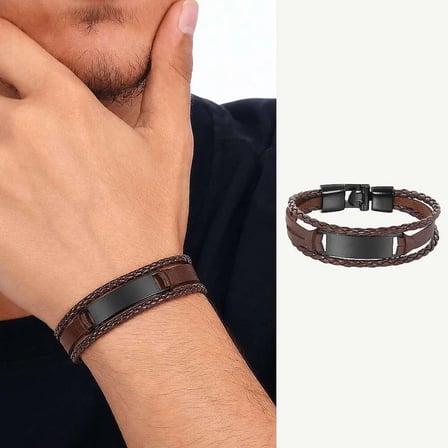 Minimal Tasarım Kahverengi Deri & Siyah Plaka Kişiye Özel İsim/Harf Yazılı Erkek Bileklik
