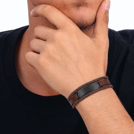 Minimal Tasarım Kahverengi Deri & Siyah Plaka Kişiye Özel İsim/Harf Yazılı Erkek Bileklik