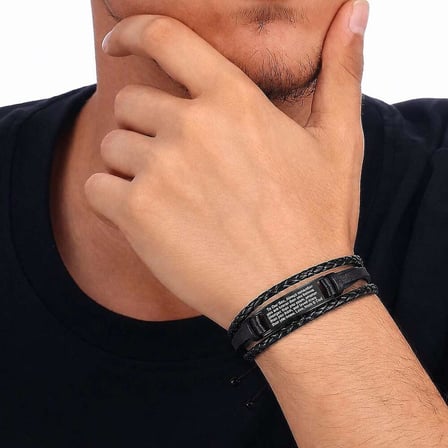 Çok Katmanlı Gerçek Deri Tasarım Çelik Plaka Üzeri Erkek Çocuğa Nasihat Yazılı Erkek Bileklik