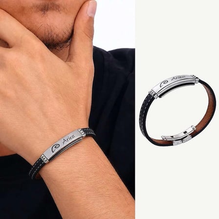 Deri&Çelik Kombinli Kişiye Özel İsim Harf/Yazılı Koç Burcu Erkek Bileklik