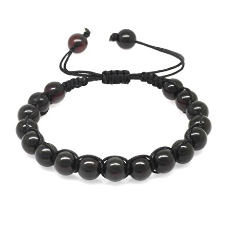 Makrome Örgülü Küre Kesim Koyu Kırmızı Doğal Damla Kehribar Kadın Bileklik