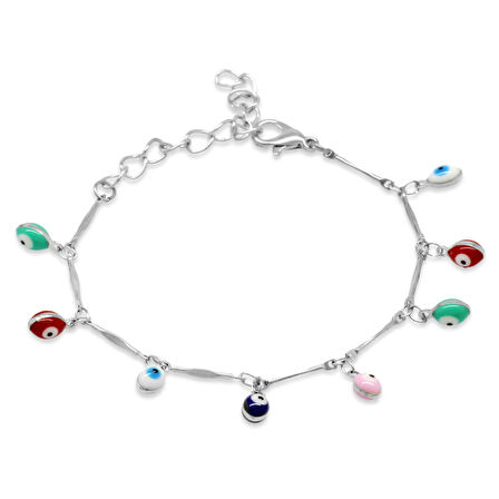Silver Renk Metal Zincirli Multicolor Mineli Nazar Boncuğu Detaylı Kadın Bileklik