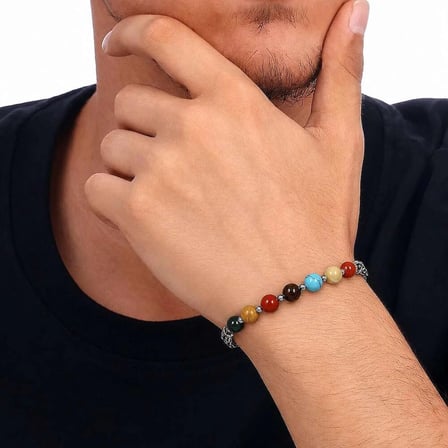 Kararmaz Metal Kral Zincirli Küre Kesim Çoklu Doğaltaş Gezegen Kombinli Erkek Şans Bilekliği
