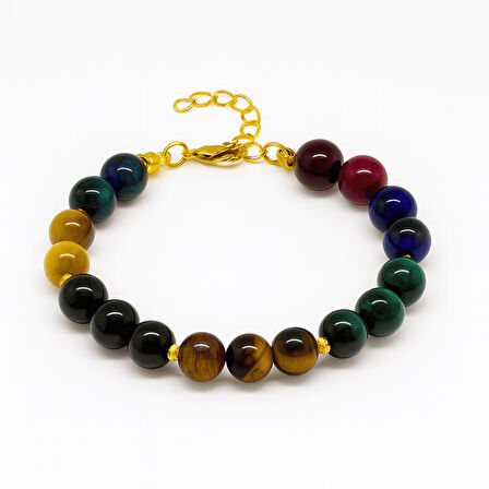 Gold Renk Metal Zincir Küre Kesim Çoklu Kaplan Gözü Doğaltaş Kombinli Kadın Enerji Bilekliği