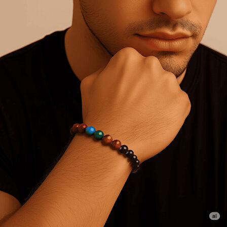 Gümüş Renk Metal Zincirli Küre Kesim Çoklu Kaplan Gözü Doğaltaş Kombinli Erkek Enerji Bilekliği