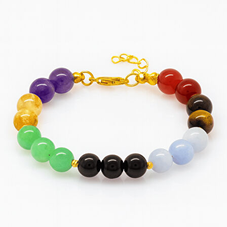 Gold Renk Kararmaz Metal Zincirli Küre Kesim Çoklu Doğaltaş Kombinli Kadın Başarı Bilekliği