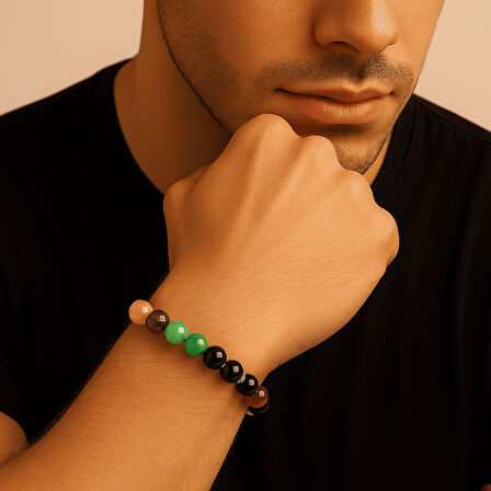 Gümüş Renk Kararmaz Metal Zincirli Küre Kesim Çoklu Doğaltaş Kombinli Erkek Başarı Bilekliği