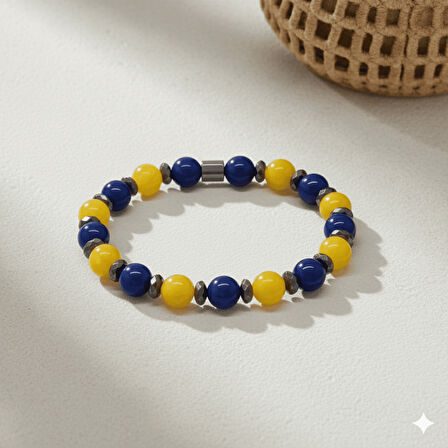 Küre Kesim Sarı Lacivert Jade Hematit Doğaltaş Erkek Taraftar Bileklik - M2