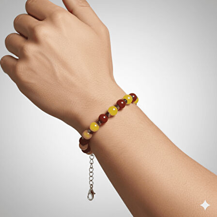 Gümüş Renk Metal Zincirli Küre Kesim Sarı Kırmızı Jade Akik Hematit Doğaltaş Erkek Taraftar Bileklik