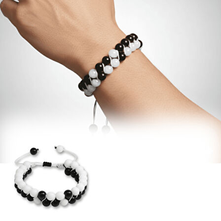Çift Sıra Makrome Örgülü Küre Kesim Siyah Beyaz Jade Oniks Doğaltaş Erkek Taraftar Bileklik