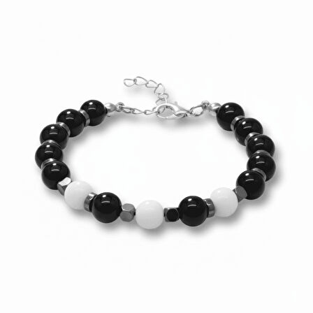Gümüş Renk Metal Zincirli Küre Kesim Siyah Beyaz Jade Oniks Hematit Doğaltaş Erkek Taraftar Bileklik