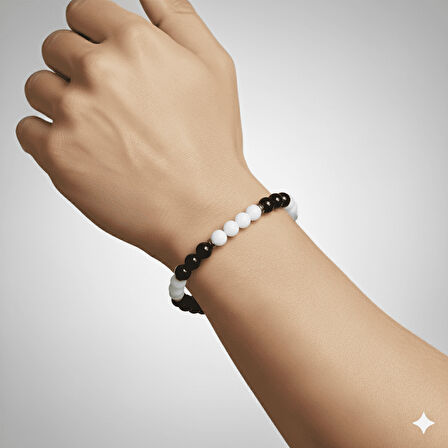 Küre Kesim Siyah Beyaz Jade Oniks Hematit Doğaltaş Erkek Taraftar Bileklik